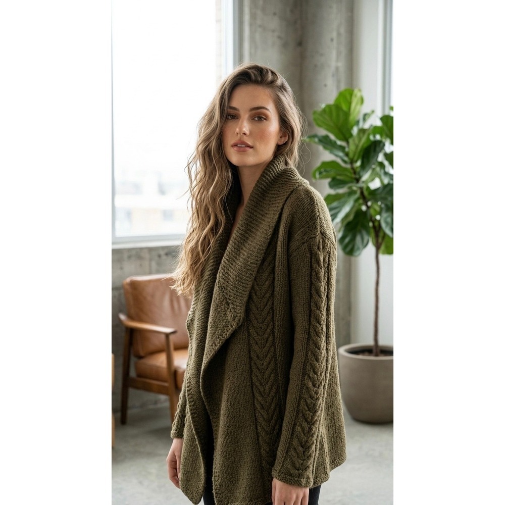 Vince Olive Green Wool Alpaca Cable Knit Drape Front Cardigan Sweater Size Small